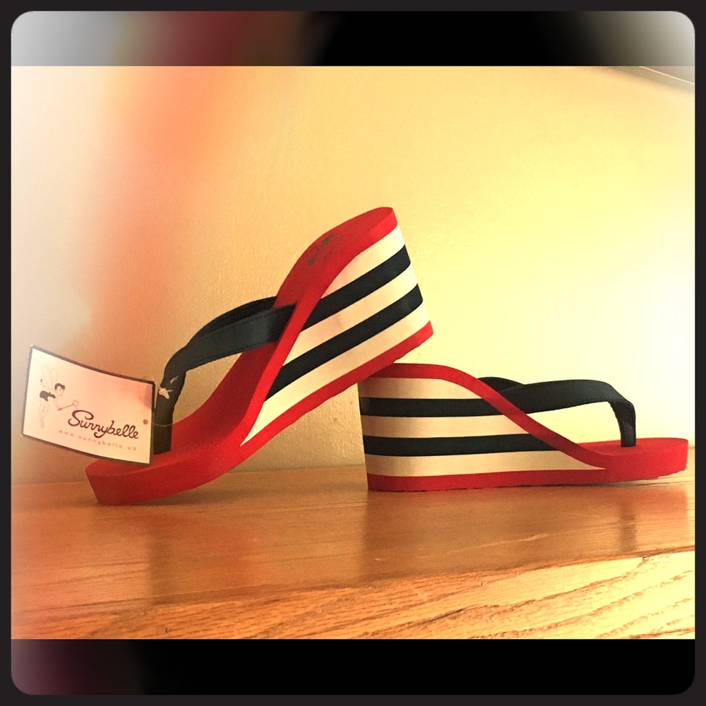 Red, white, & blue Sunnybelle wedge thong sandals